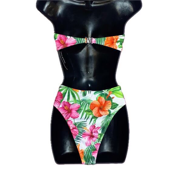 New Small Tropical Retro Floral High‎ Rise Strapless Bandeau Swimsuit Bikini - Picture 6 of 6